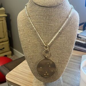 Long Matte Gold Disc Pendant necklace. Clear & Gold Beading. Gold crystals